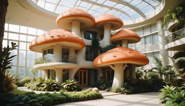 Fant&aacute;stico y lujoso edificio de oficinas en forma de seta con un exterior de piel suave y una impresi&oacute;n acogedora que realza la atm&oacute;sfera m&aacute;gica y serena