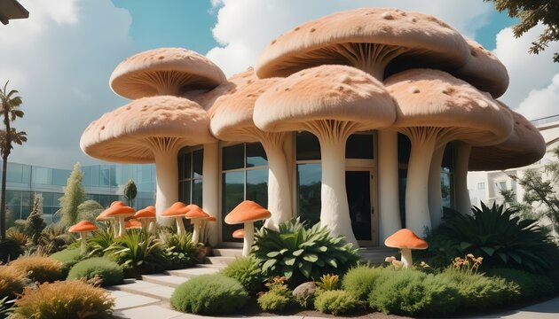 Fant&aacute;stico y lujoso edificio de oficinas en forma de seta con un exterior de piel suave y una impresi&oacute;n acogedora que realza la atm&oacute;sfera m&aacute;gica y serena