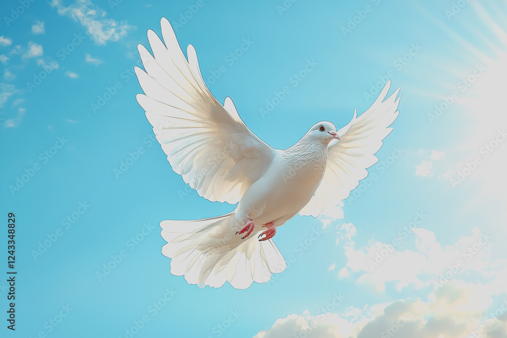 Poster white dove soaring in a clear blue sky with soft clouds and sunlight illuminating the scene creating