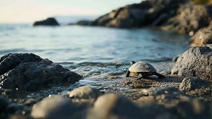 Obraz premium Turtle on Rocks Near Calm Ocean Water