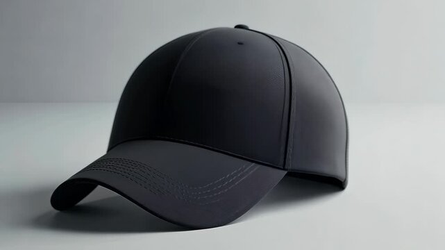 Rotating black cap display on simple background for fashion and design mockups