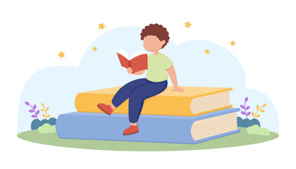 Obraz premium Child Reading Book on Stack of Books. Education and Learning Vector Illustration