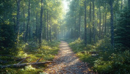 Fototapeta premium Sunlit Path Through a Lush Green Forest