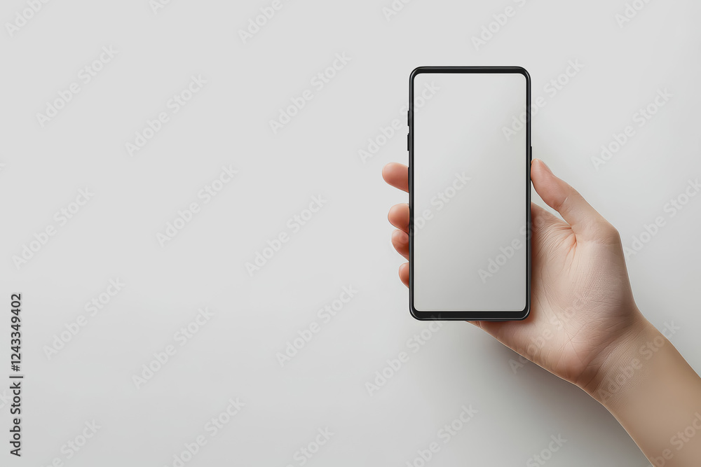 Poster hand holding a smartphone with a blank screen isolated on a white background for displaying content 