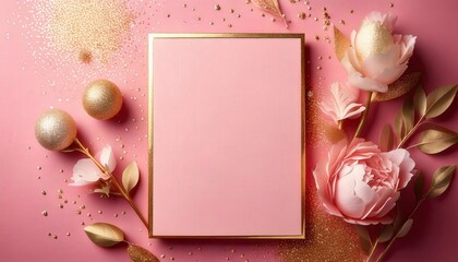 A light blush pink greeting card with a subtle shimmer and a gold foil frame.