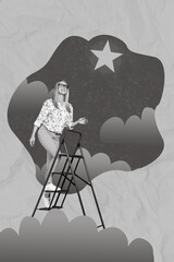 Composite collage of young business woman climbing reach high ladder upstairs catch flying star...