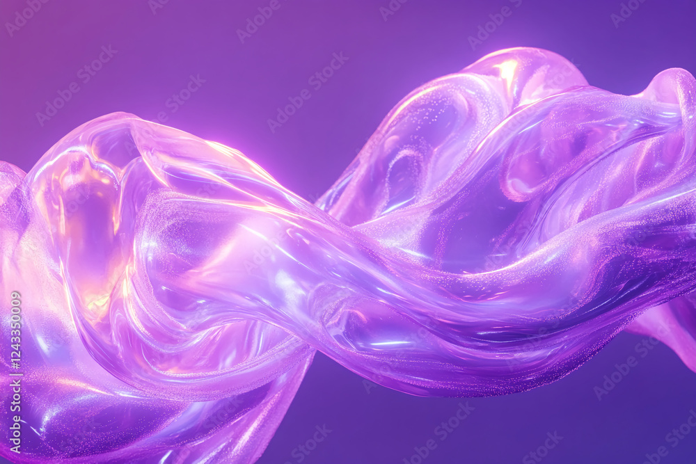 Poster abstract flowing transparent purple material with smooth curves and glowing light reflections, symbo