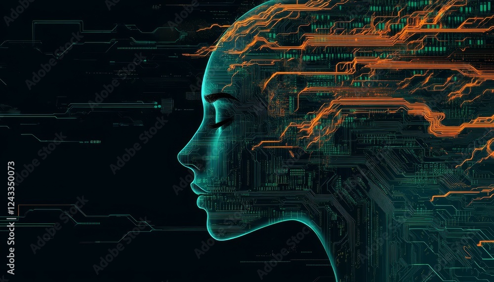 Poster woman profile composed of circuit boards and binary code, futuristic concept illustration