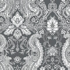 Elegant gray wallpaper featuring intricate white floral paisley patterns.