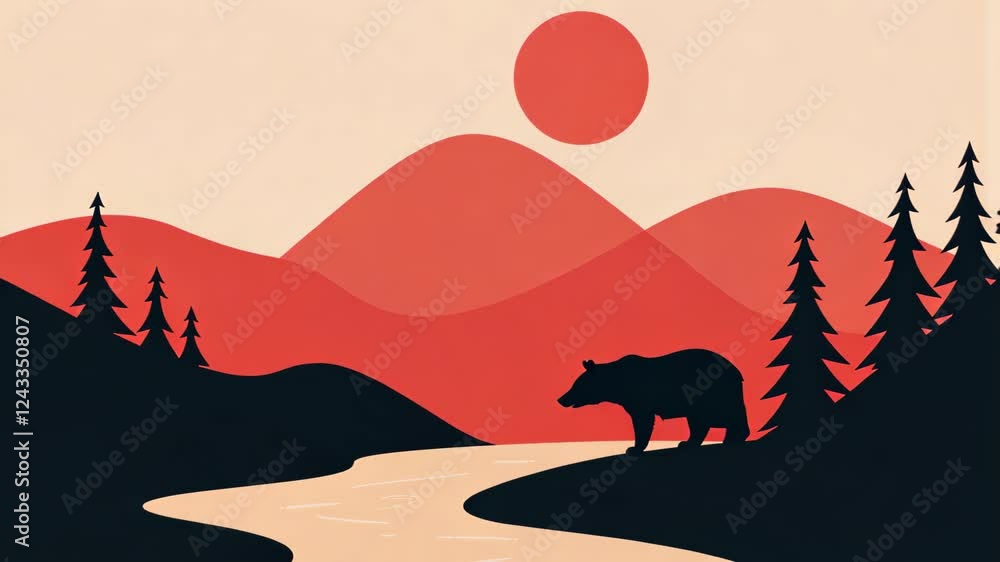 Poster minimalist bear in a stream with forest and mountains in warm tones reflecting tranquility and simpl
