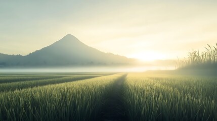 Fototapeta premium Serene Sunrise Over Misty Rice Paddies And Mountain