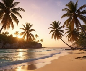 Palm trees sway gently in the warm breeze on a serene tropical beach at sunset, coastal scenery, sunsets