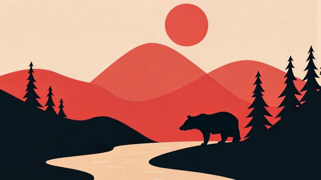 Minimalist Bear in a Stream with Forest and Mountains in Warm Tones Reflecting Tranquility and Simplicity in Nature-Inspired Illustration Focusing on Wilderness and Serene Atmosphere