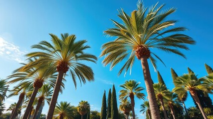 Obraz premium palm trees sway gently in the breeze against a radiant blue sky with prominent cypress trees, peaceful, outdoor
