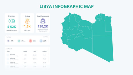 Business Growth Infographic Map of Libya. Orders, Customers, Sales Overview & product Infographic Map of Libya. Easy to edit