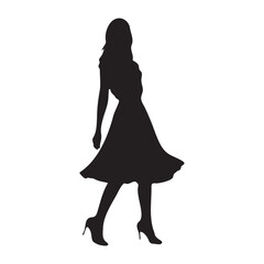 Women High Waist Swing A-line Skirt Model Pose Silhouette Vector Illustration
