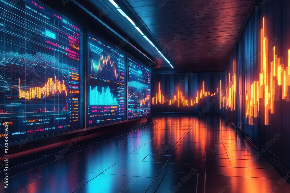 Poster a futuristic data analysis room with vibrant graphs and charts displayed on screens, showcasing mark