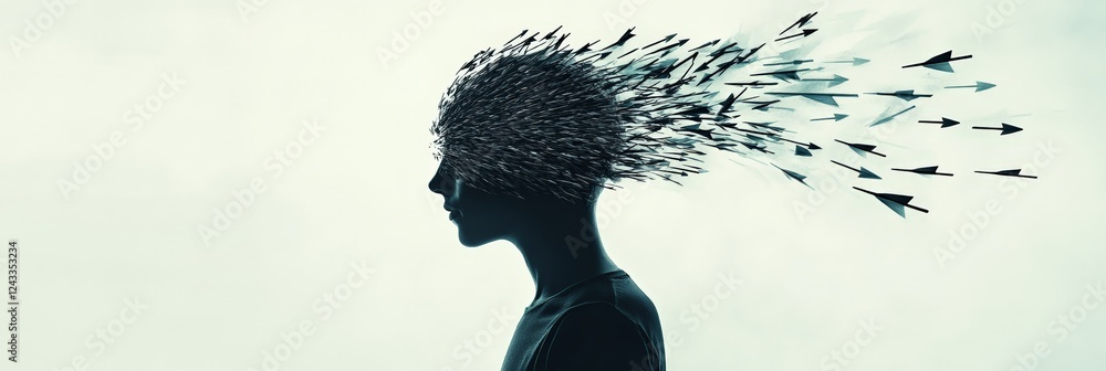 Aufkleber Silhouette profile of a young man with many arrows exploding from his head, representing the concept of fobo, fear of better option and difficulty in making decisions