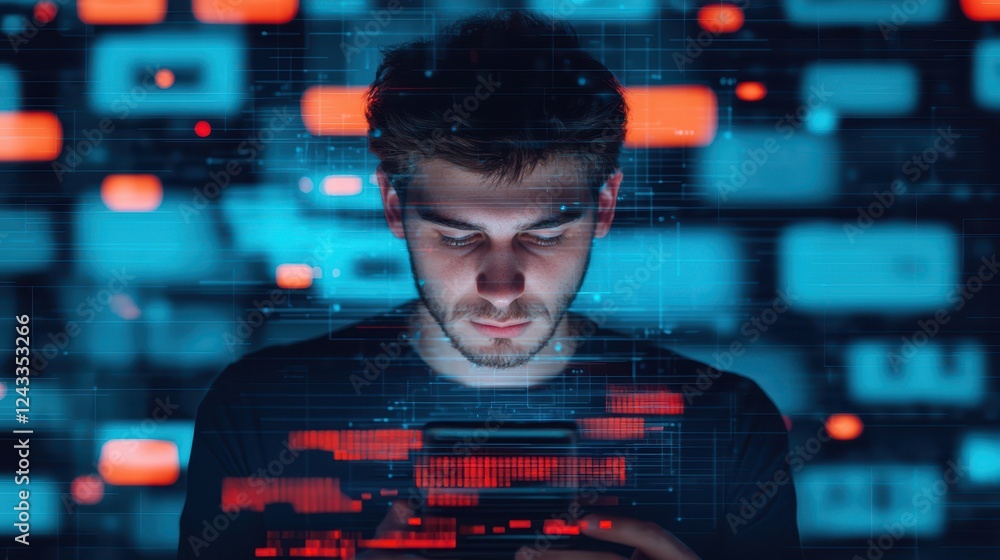 Poster a focused individual engages with digital data, illuminated by vibrant screens of codes and informat