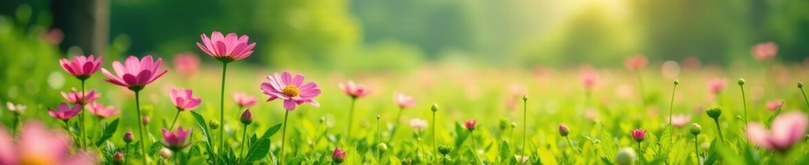 Fototapeta premium Pink flowers swaying in the breeze on a grassy plain, Pink Flowers, Garden Scenes, Greenery