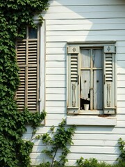 Obraz premium The house's windows are boarded up with broken shutters and vines, vines crawling up walls, broken windows