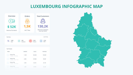 Business Growth Infographic Map of Luxembourg. Orders, Customers, Sales Overview & product Infographic Map of Luxembourg. Easy to edit
