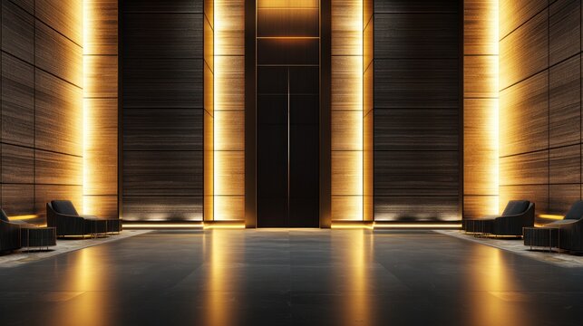 Dark Modern Room with Golden Accents and Reflective Floor