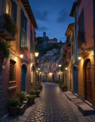 Obraz premium The old town's colorful houses and narrow streets in Vernazza during the blue hour transition from day to night, old town, vernazza, streets