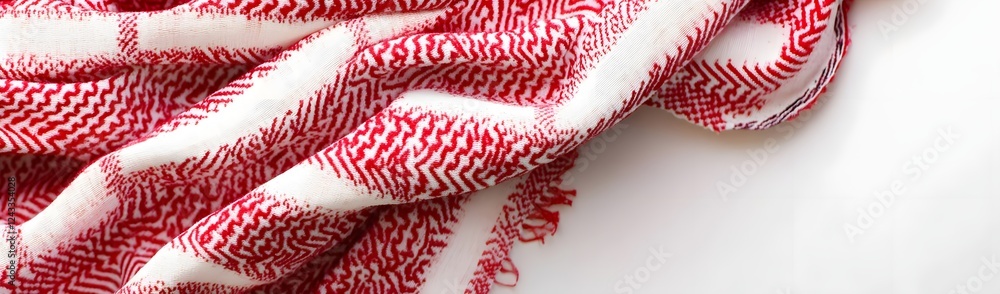 Poster close-up of a textured red and white patterned blanket draped elegantly on a light surface