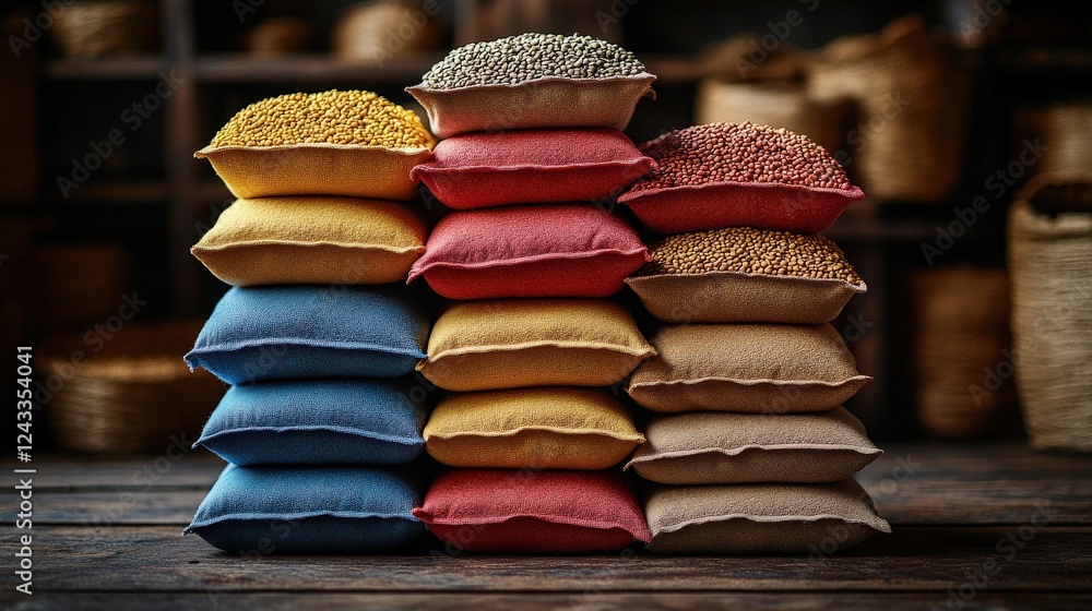 Poster colorful stacks of fabric bags filled with grains arranged neatly on a wooden table in a rustic sett
