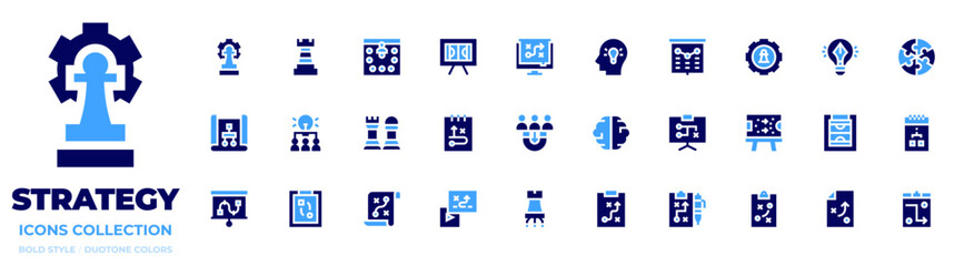 Fototapeta premium Strategy icon collection. Bold style. Duotone colors. acquisition, strategy, strategic, brainstorm, project, formation, creative, creativity, logicalthinking