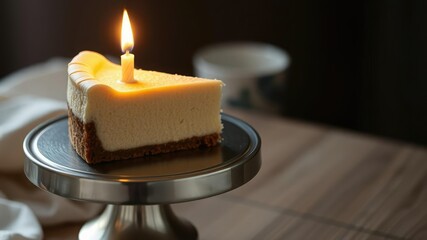 The soft glow of the lit candle highlights a slice of creamy cheesecake on a metallic birthday cake stand, lit candle, cheesecake