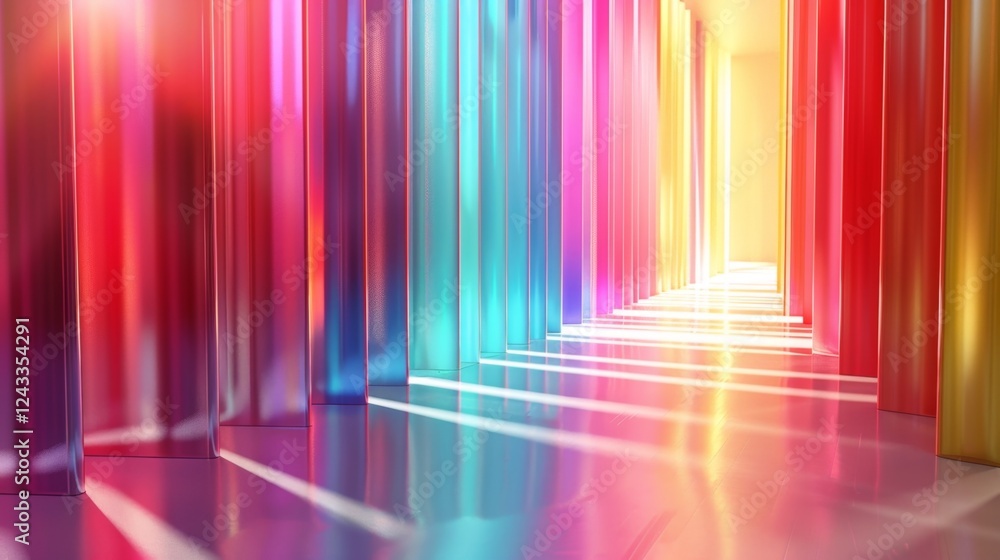 Poster abstract gradient background featuring iridescent vertical columns casting colorful reflections and 