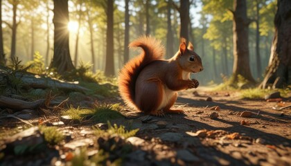 Obraz premium The sun casts long shadows across the forest floor as a squirrel forages for nuts, forest floor, shadow, trees