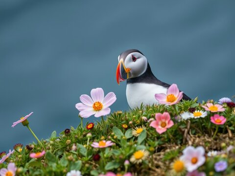 Playful puffin peeking behind blooming sea campion flower on the coast of Iceland, flower, colorful, coast
