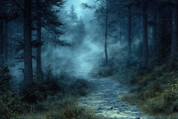 Obraz premium Misty Forest Path Winding Through Ancient Trees