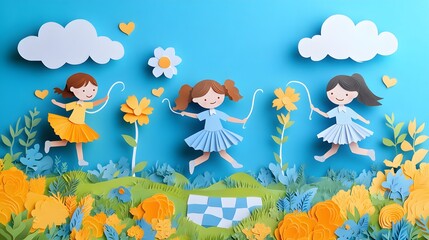 Kids jumping rope and playing hopscotch, active school holiday fun, engaging and lively vector paper cut design
