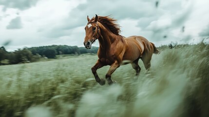 Obraz premium A majestic horse gallops through a vibrant field of tall grass, showcasing its strength and grace in a natural, serene environment.