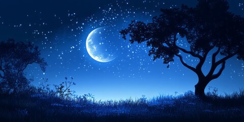 Serene Night Scene with Crescent Moon and Silhouetted Tree