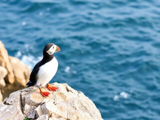 Puffin perched on rocky outcrop overlooking ocean, bird photography, cold climate, rocky outcrop