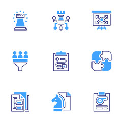 Strategy icon set. Bold line style. Duotone colors. Editable stroke. strategy, filter, documentation, puzzle, clipboard, expansion
