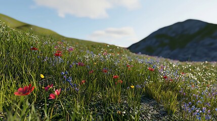Wildflower meadow, mountain backdrop, sunny day, nature scene, ideal for travel brochures