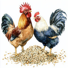 Fototapeta premium Two roosters stand proudly near pile of seeds, watercolor illustration