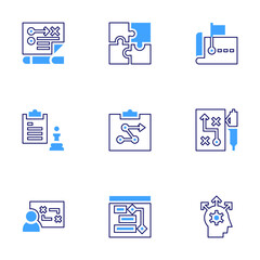 Strategy icon set. Bold line style. Duotone colors. Editable stroke. strategy, puzzle, masterplan, coaching