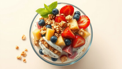 Top view of a bowl of yogurt parfait with layers of fruit, granola, and chia seeds, morning routine, breakfast