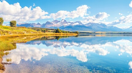 Obraz premium Beautiful landscape of a summer lake. Green lake shore with clear water and reflections against the backdrop of beautiful mountains. Vector illustration of a fishing lake. Panoramic landscape. 