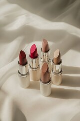 luxury lipsticks in shades of red and nude arranged on white with golden packaging