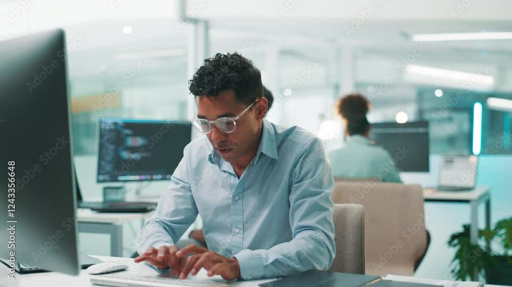 Poster Businessman, software developer and design with computer for app development or coding at office. Male person, programmer or coder with glasses or technology for UI, UX or AI programming at workplace