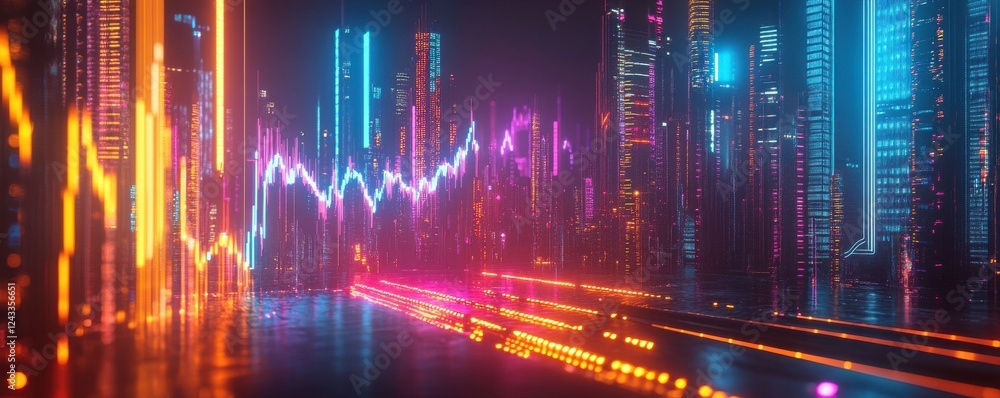 Poster a vibrant cityscape illuminated by neon lights, featuring dynamic lines and patterns, suggesting mov