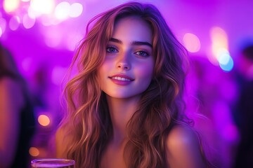 Naklejka premium Young woman with long blonde hair smiling at a bar.